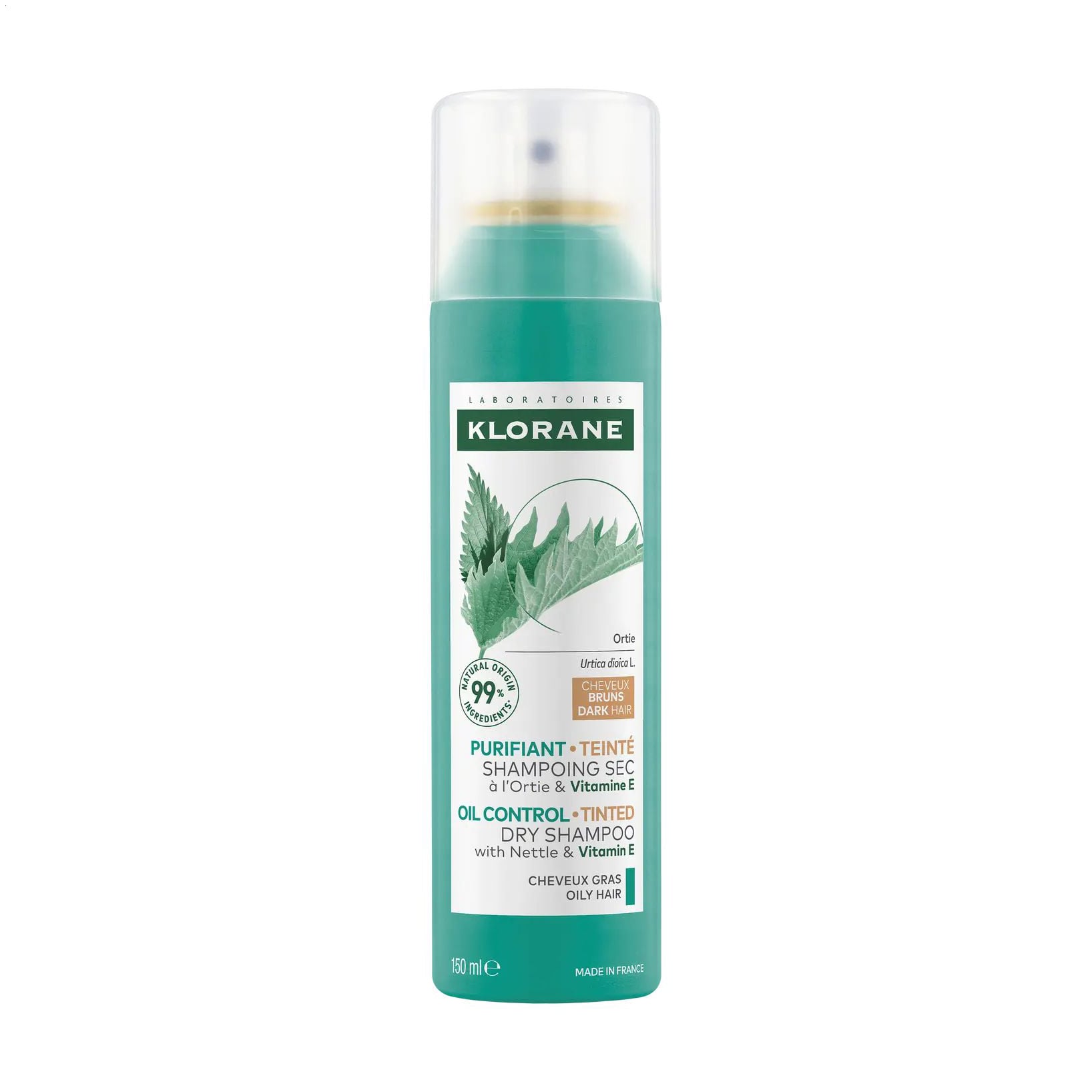Сухий шампунь Klorane Oil Control Tinted Dry Shampoo для темного волосся, з кропивою та вітаміном Е, 150 мл